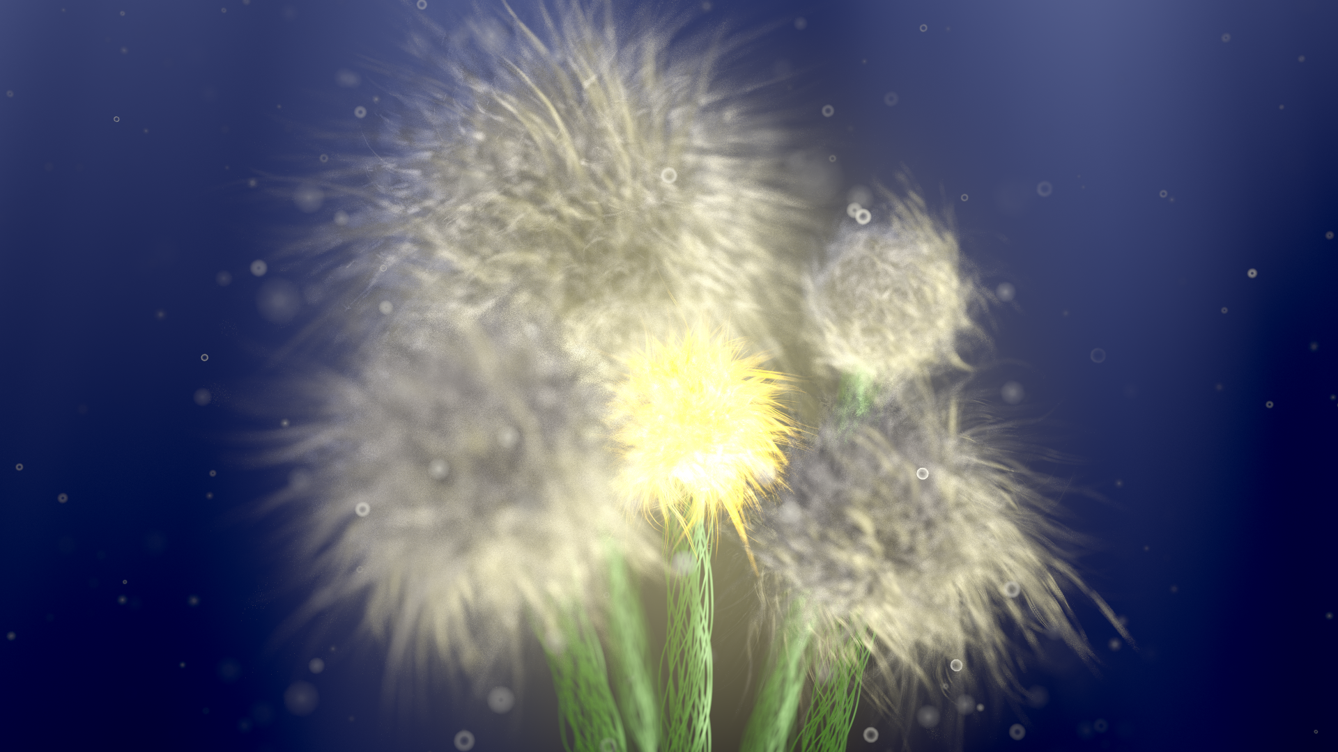 3D rendering. 5 abstract looking fur balls, somewhere between dandelion and cotton candy. They are on top of green greem stems, which are like braided out of individual twisted strands. One ball at the center is yellow and glowing bright, the other four surround it and are gray-white. The background is dark blue, and full of white particles emitting from the center of the image.